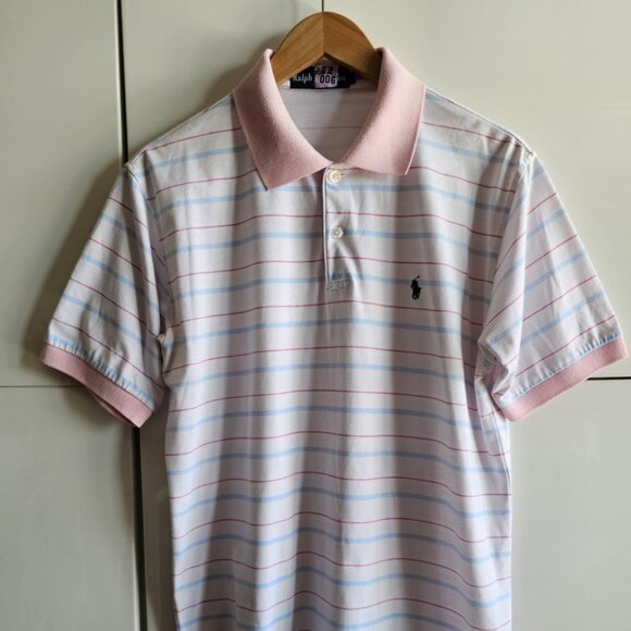 Vintage 90s Polo Ralph Lauren Pink With Blue Sripes Polo Shirt - Picture 2 of 9